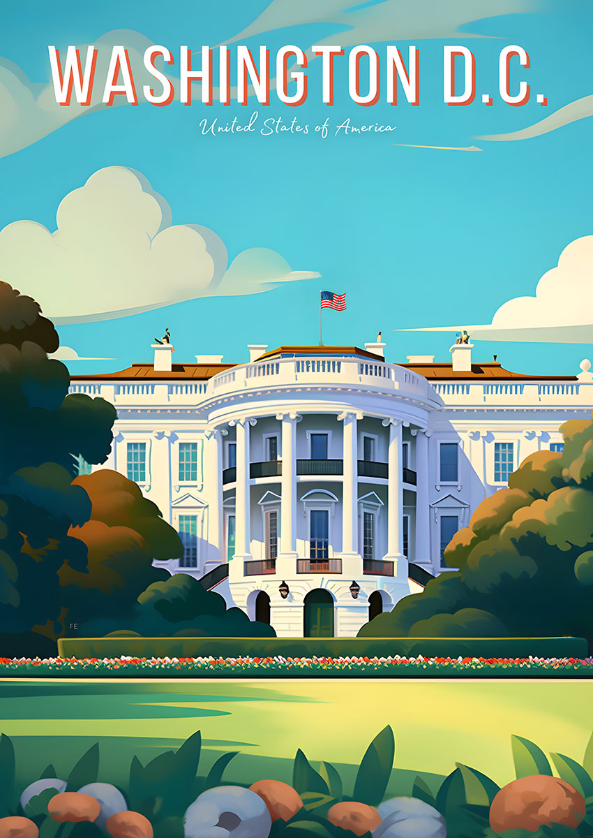 Vibrant artwork of the White House surrounded by lush greenery and a clear blue sky.